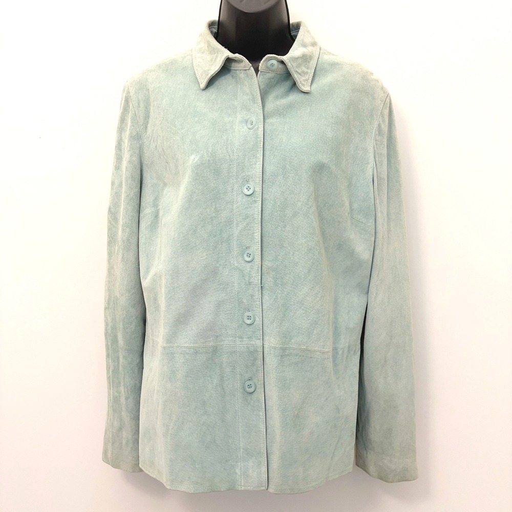90s Sport Suede Jacket Button Down Seafoam Blue Size 8 Vintage